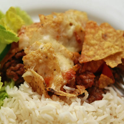 Chilli con Carne with tortilla crisps and cheese