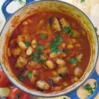 Sausage casserole with mashed potatoes and shredded cabbage