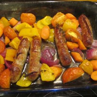 Roast Sausages with Red Onion and Peppers